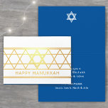 Carte Dorée Etoile de David Happy Hanoukka Techelet bleu moder<br><div class="desc">Envoyez vos souhaits élégants Happy Hanoukka avec une carte pliée photo personnalisée moderne. Tout le libellé de ce modèle est simple à personnaliser. Le design de papier peint bleu, blanc et or de la techelette présente un design géométrique Star of David et une typographie minimaliste art déco vintage. Famille et...</div>