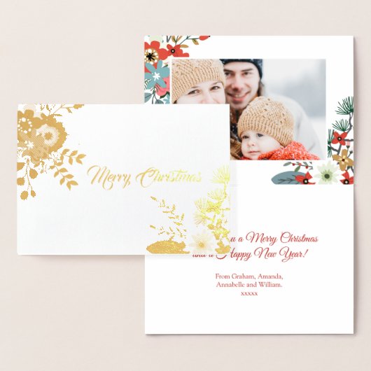 Carte Dorée Fleurs de Noël modernes Photo de feuillage (Affichage)