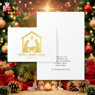Carte Dorée FOI HOPE LOVE Christian Noël Nativité Or