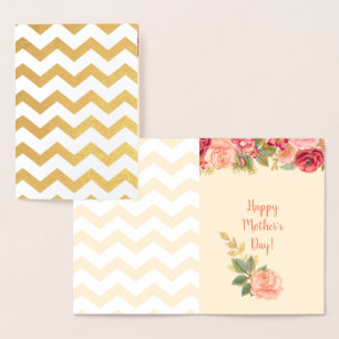 Carte Dorée Gold Foil Chevron Stripes   Fête des mères Roses