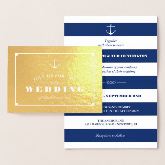 Carte Dorée Gold Foil & Navy Blue Stripes Mariage nautique (Affichage)