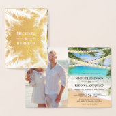 Carte Dorée Gold Foil Palm Feuille Chaîne Lumière Mariage Invi (Affichage)