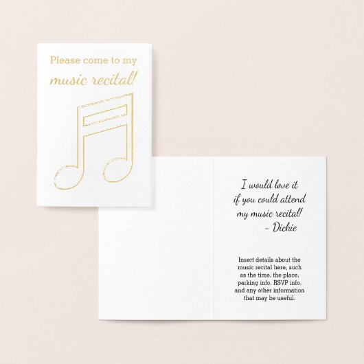 Carte Dorée Gold Foil "S'il vous plaît venez à mon récital de  (Affichage)