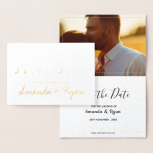 Carte Dorée Gold Foil Simple Photo Wedding Enregistrer La Date