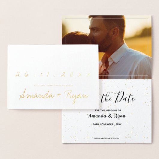 Carte Dorée Gold Foil Simple Photo Wedding Enregistrer La Date (Affichage)