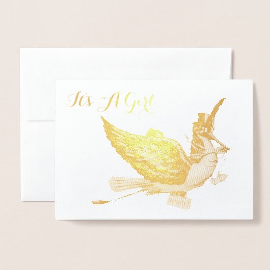 CARTE DORÉE GOLD STORK BABY SHOWER FILLE (Devant avec enveloppe)