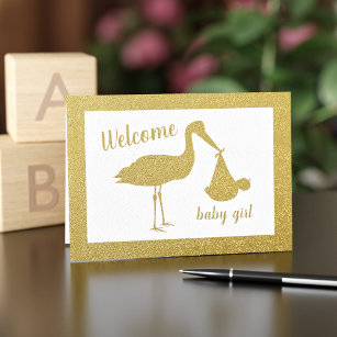 Carte Dorée Gold Stork Welcome Girl Baby Félicitations Card