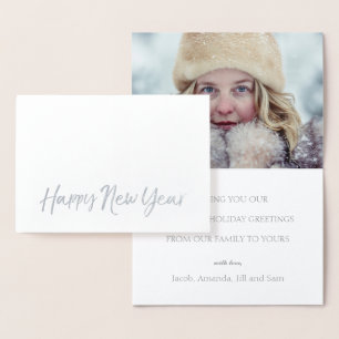 Carte Dorée JEUX NOUVEL AN Élégant Script Holiday Photo SILVER