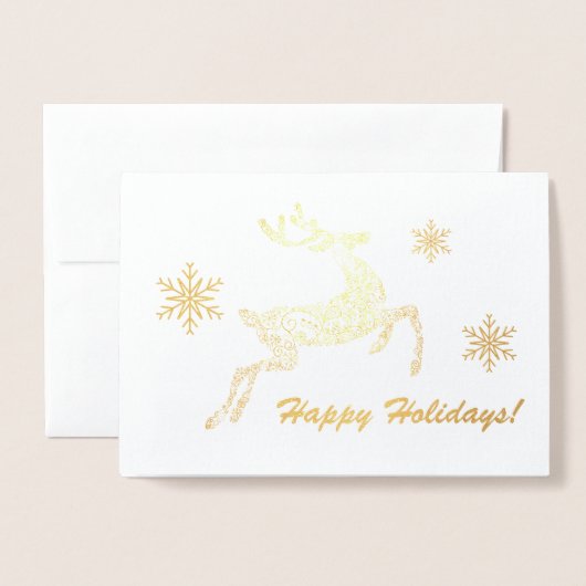 Carte Dorée Joyeuses fêtes ! Deer & Snowflakes Message personn (Devant avec enveloppe)