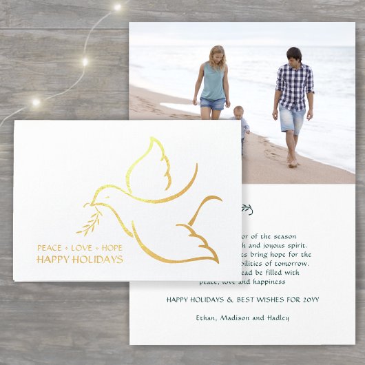 Carte Dorée Joyeuses vacances Dove Peace Love Hope Modern 1 Ph