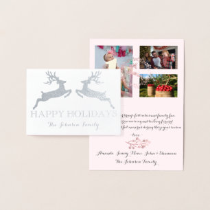 Carte Dorée Joyeuses vacances Photo Famille Reindeer Rose rose