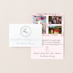Carte Dorée Joyeuses vacances Photo Reindeer Rose Wreath