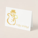 Carte Dorée Joyeuses vacances Snowman Cookie Noël Hanoukka<br><div class="desc">La carte de voeux présente une illustration originale d'un biscuit à sucre en forme de bonhomme de neige, avec HAPPY HOLIDAYS dans une police amusante. Idéal pour Noël ou Hanoukka. Ne vois-tu pas ce que tu cherches ? Vous avez besoin d'aide pour la personnalisation ? Cliquez sur "rebeccaheartsny" (en haut...</div>