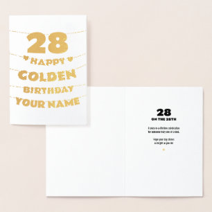 Carte Dorée Joyeux anniversaire d'or, 28e anniversaire en feui