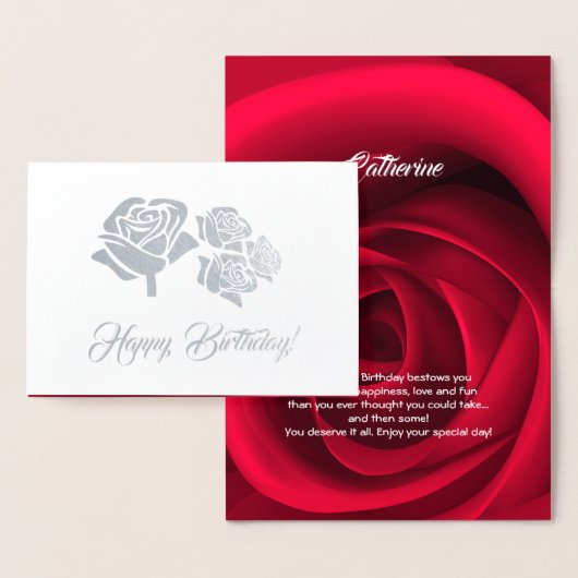 Carte Dorée Joyeux anniversaire. Elégant Rose rouge luxe (Affichage)
