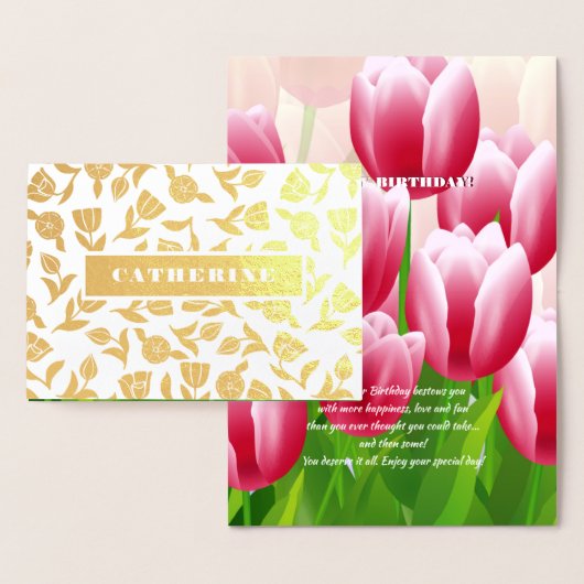 Carte Dorée Joyeux anniversaire. Sping Tulip Luxe Véritable Ca (Affichage)