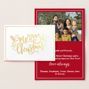 Carte Dorée Joyeux Noël Famille Photo Red Gold Foil Card
