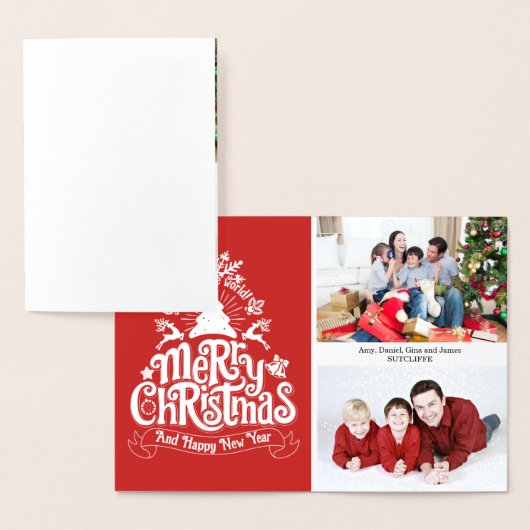 Carte Dorée Joyeux Noël lettrage typographie photo de famille (Affichage)