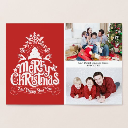 Carte Dorée Joyeux Noël lettrage typographie photo de famille (Intérieur)