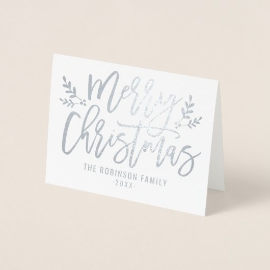 Carte Dorée Joyeux Noël moderne Script Vacances Photo Argent (Devant)