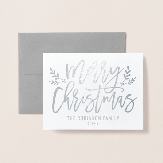 Carte Dorée Joyeux Noël moderne Script Vacances Photo Argent (Devant avec enveloppe)