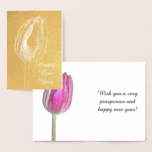Carte Dorée Joyeux Nouvel An Tulip Floral rose Fleur Photo Art