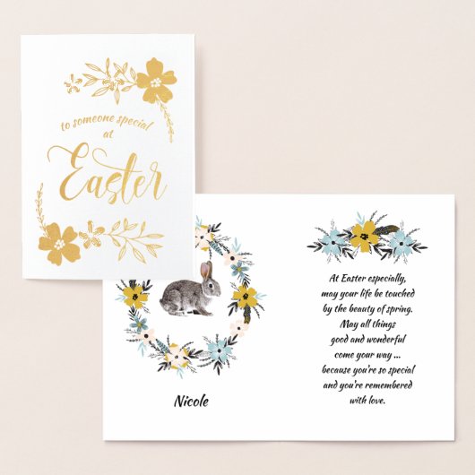 Carte Dorée Joyeux Pâques. Lapin de Pâques (Affichage)