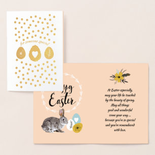 Carte Dorée Joyeux Pâques. Lapin de Pâques