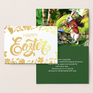 Carte Dorée Lapin blanc Pâques "Alice au pays des merveilles