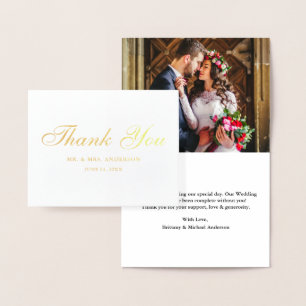 Carte Dorée Mariage Photo Élégant Script Merci Note Or