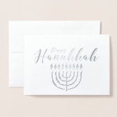 Carte Dorée Menorah en Hanoukka moderne bleu et argent (Devant avec enveloppe)
