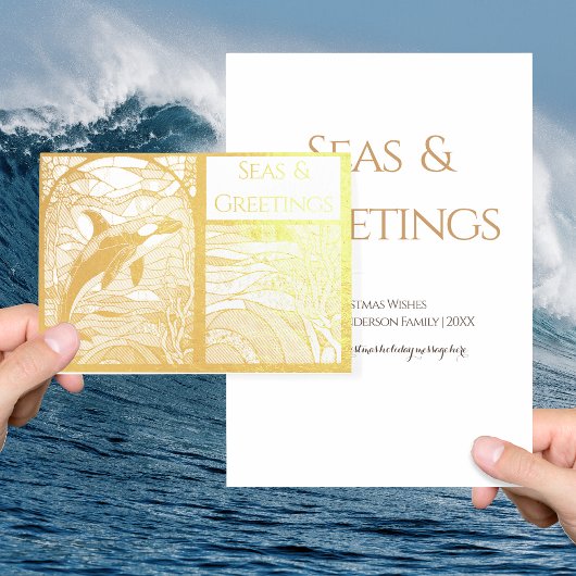 Carte Dorée Mer nautique moderne et salutations, Orca Whale