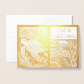 Carte Dorée Mer nautique moderne et salutations, Tortue de mer (Devant avec enveloppe)