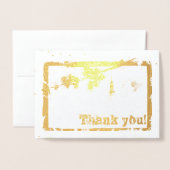 Carte Dorée Merci avec des fleurs, des oiseaux et une tour (Devant avec enveloppe)