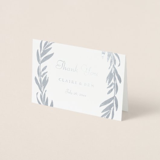 Carte Dorée Merci de Mariage à feuilles grises argentées (Devant)