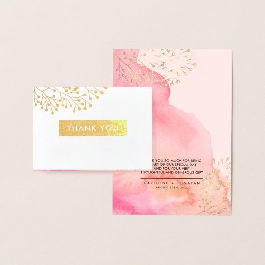 Carte Dorée Merci de Mariage d'aquarelle rose (Affichage)