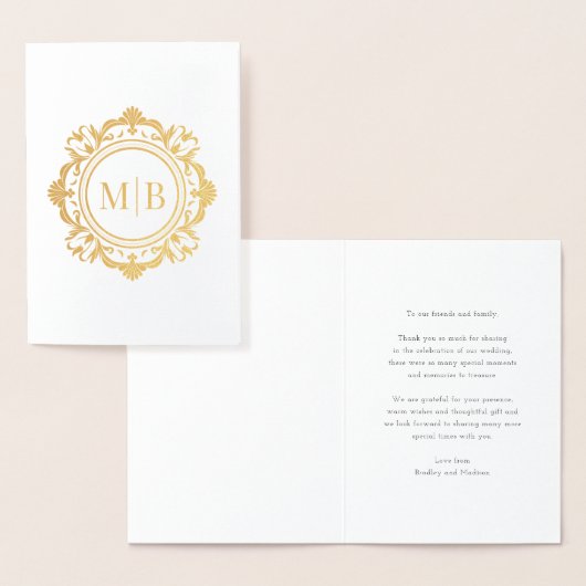 Carte Dorée Merci Mariage de monogramme floral orné (Affichage)