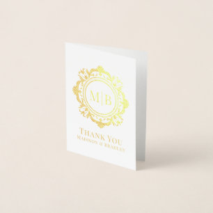Carte Dorée Merci Mariage de monogramme floral orné