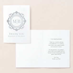 Carte Dorée Merci Mariage de monogramme floral orné