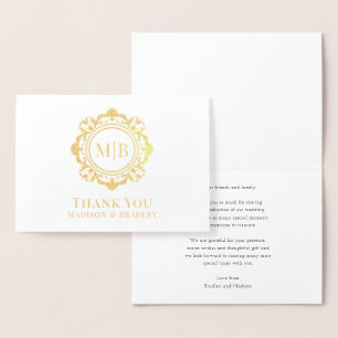 Carte Dorée Merci Mariage de monogramme floral orné