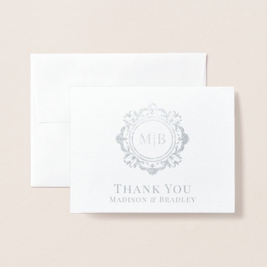 Carte Dorée Merci Mariage de monogramme floral orné (Devant avec enveloppe)