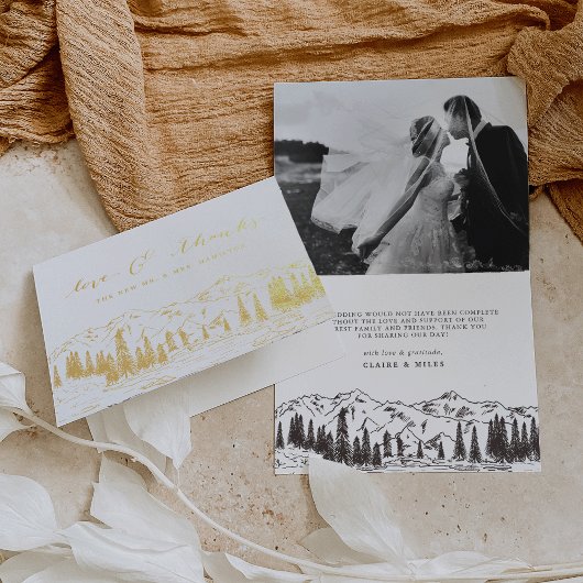 Carte Dorée Merci Mariage d'esquisse de montagne