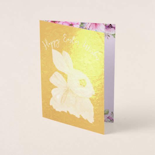 Carte Dorée Mignonne Lapin Pâques Rose Bleu Floral Or (Devant)