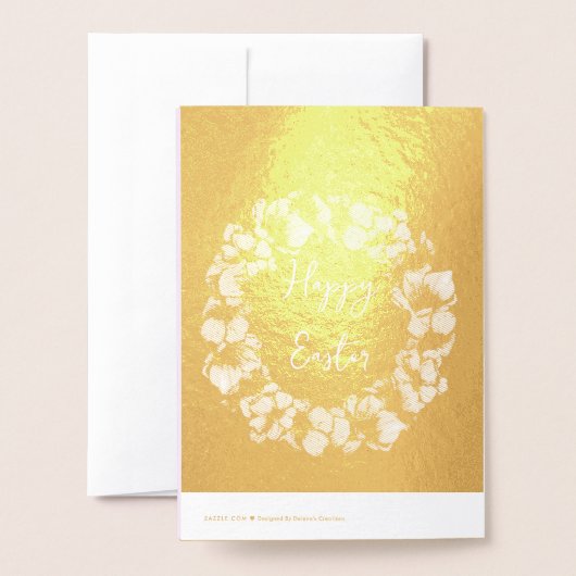 Carte Dorée Mignonne Lapin Pâques Rose Bleu Floral Or (Derrière avec enveloppe)