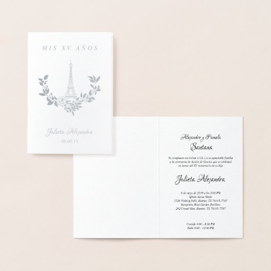 Carte Dorée Mis Quince años Diseño Floral París Plata (Affichage)