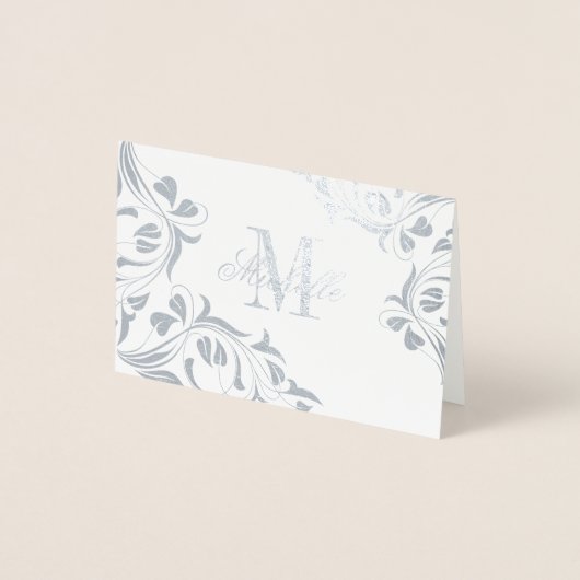 Carte Dorée Monogramme et nom avec design floral (Devant)