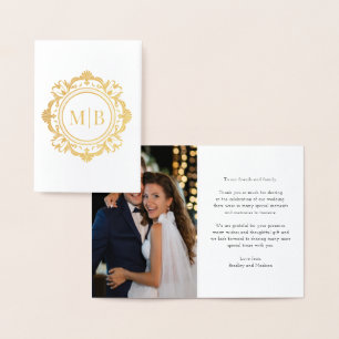 Carte Dorée Monogramme floral orné Merci Mariage photo