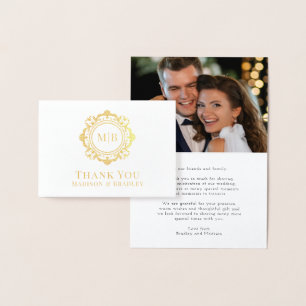 Carte Dorée Monogramme floral orné Merci Mariage photo