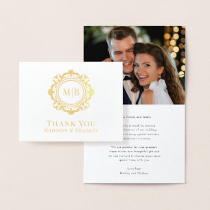 Carte Dorée Monogramme floral orné Merci Mariage photo