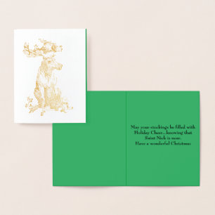 Carte Dorée Noël assis orignal avec cadeaux Whimsical